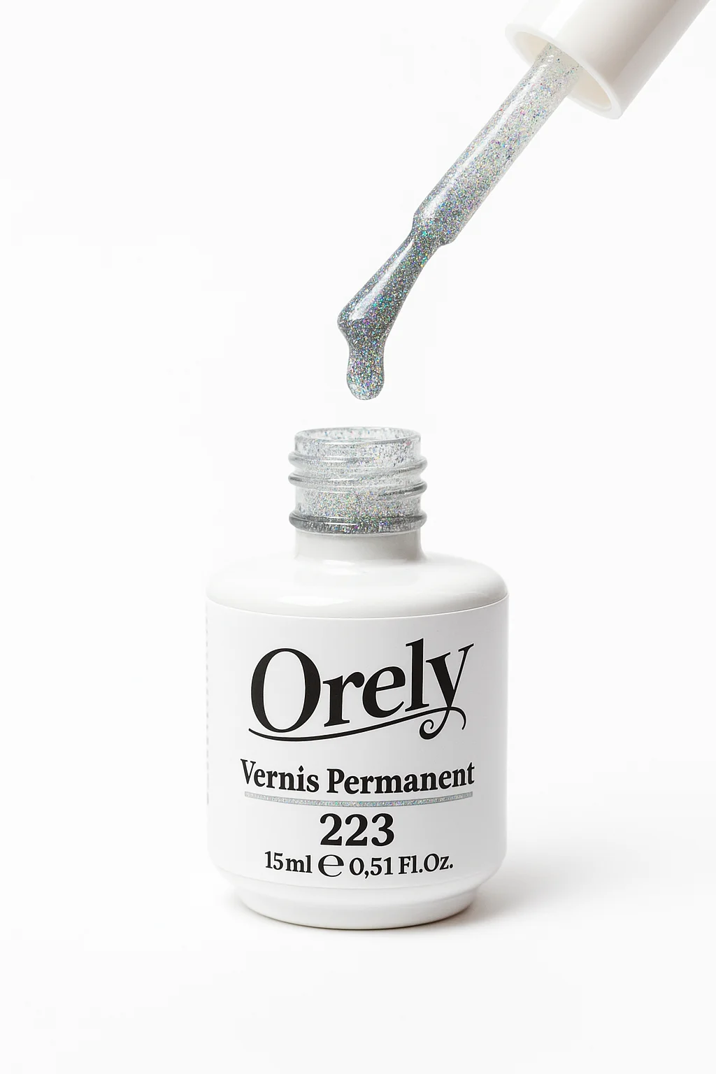 Vernis Permanent ORELY N°223 – Argent Holographique &amp; Reflets Arc-en-Ciel